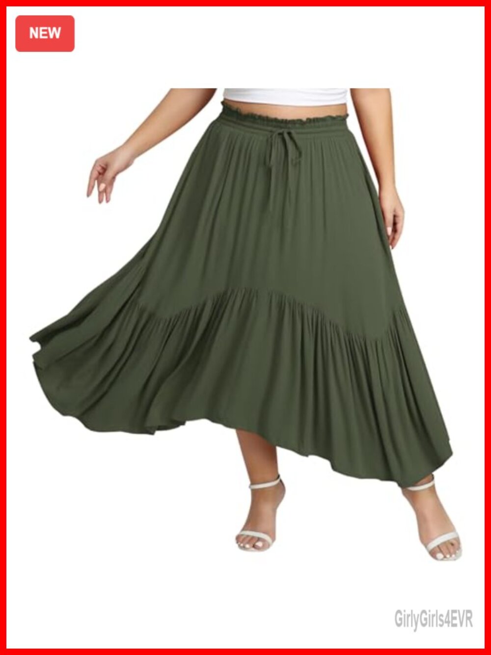 Plus Size Maxi Skirt Empire Waist A-Line Flowy Ruffled Hem Drawstring